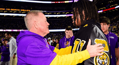 LSU head coach Brian Kelly talks with 5-star Lamar Brown on game day (Photo: Lamar Brown)